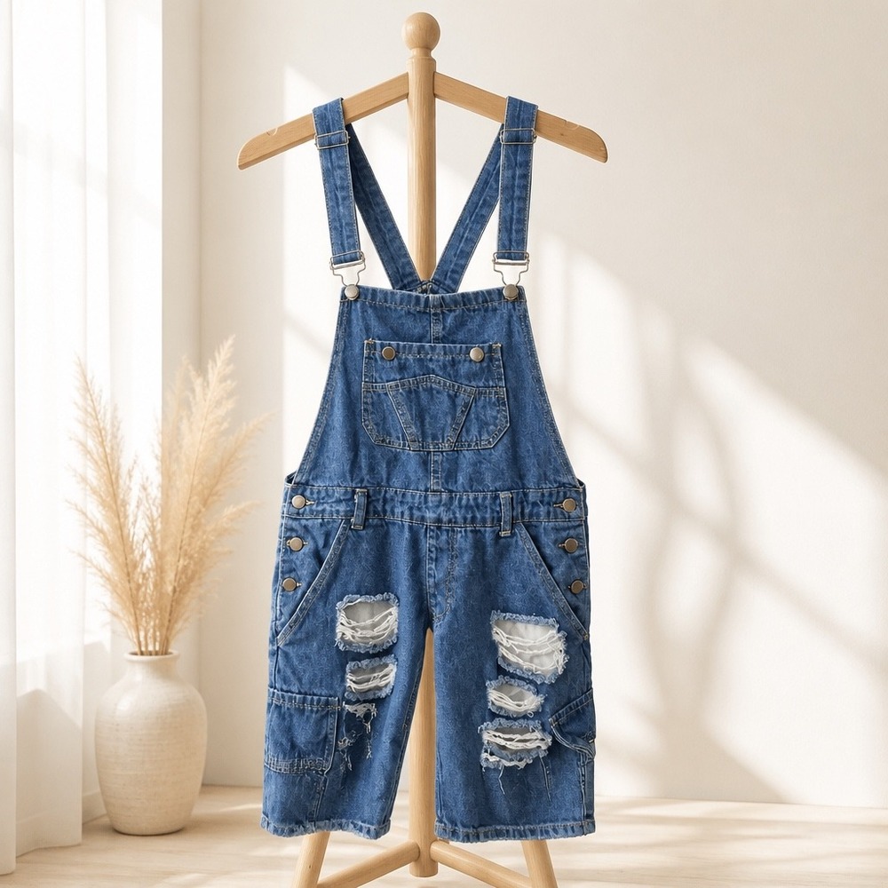 Womens Distressed Denim Shortalls Ripped Jean Overalls Medium Wash Blue XL